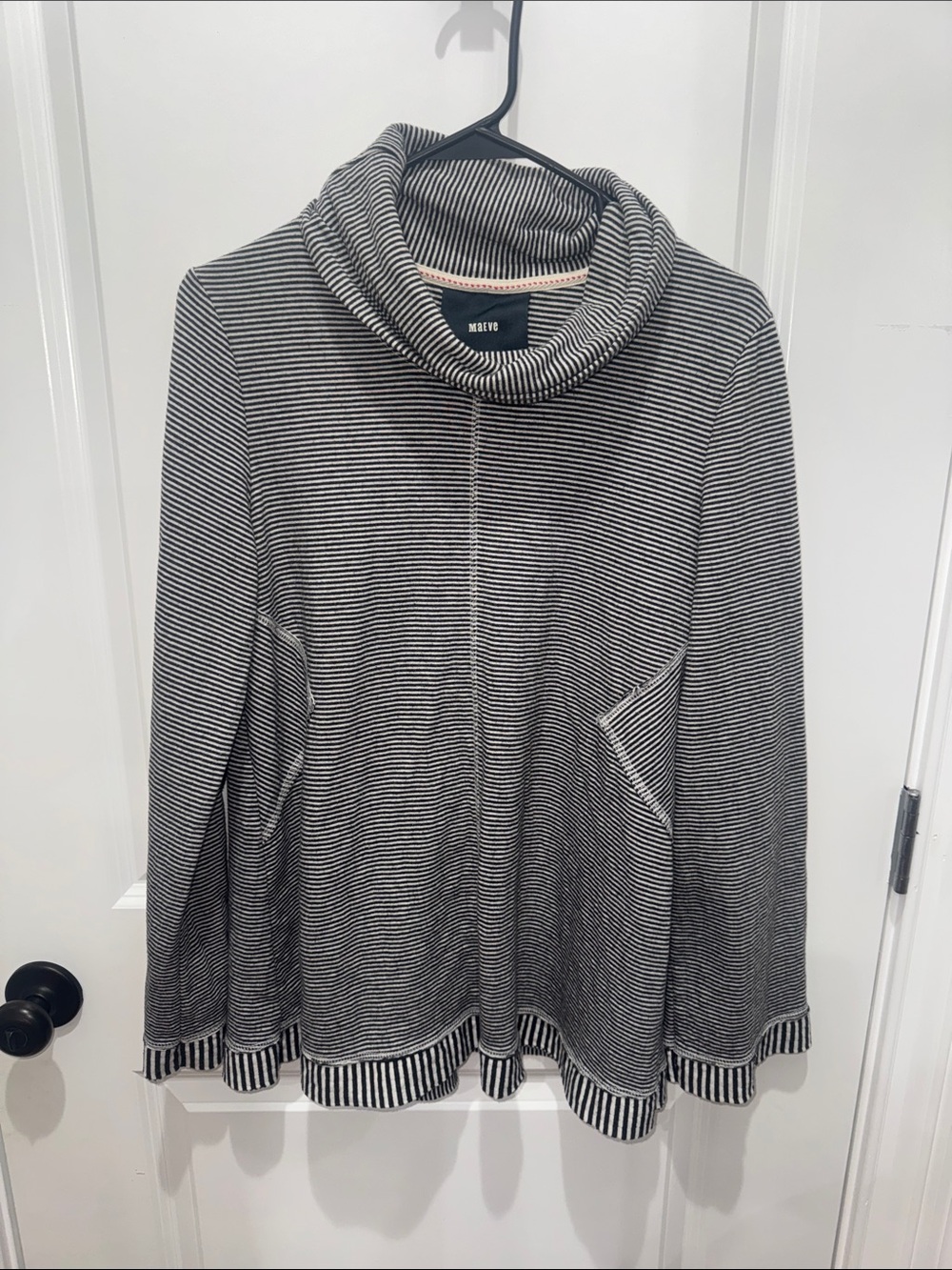 Maeve Black & White Striped Cowl Sweater with Angled Pockets